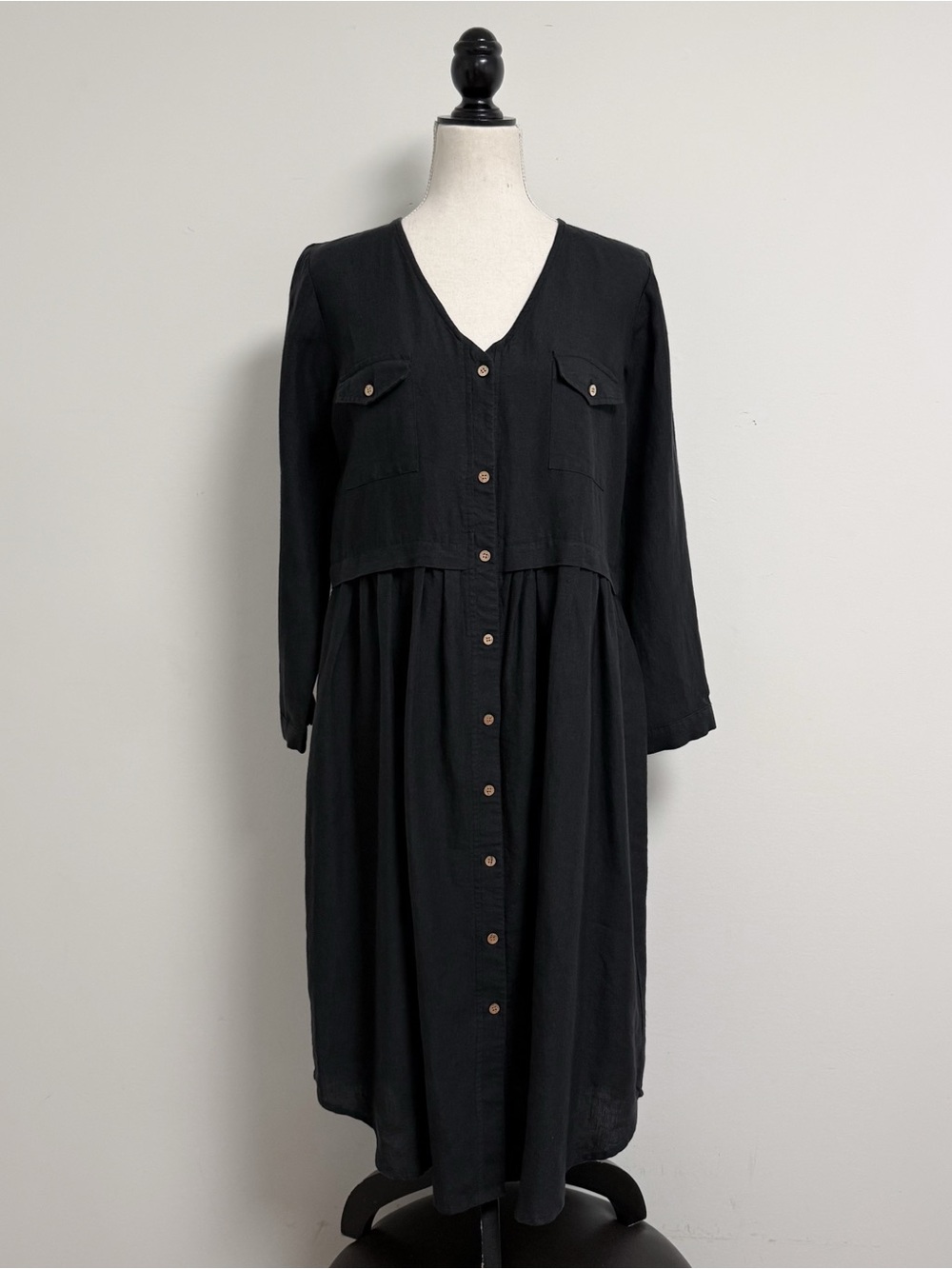 The Shanty Corporation Black Linen Blend Button Up V Neck Oversized Ronson Midi